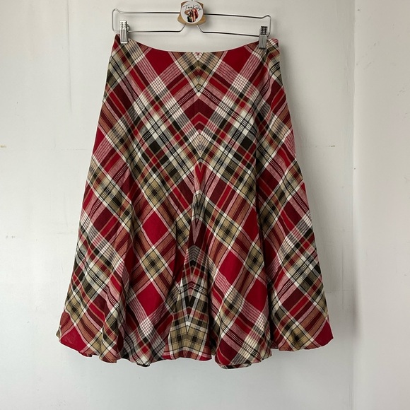 Jones New York Skirt Linen Plaid Tartan Midi Full Circle Red Tan White Size 6 - Picture 2 of 11